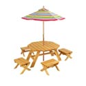 Octagon Table with 4 Stools and Striped Umbrella